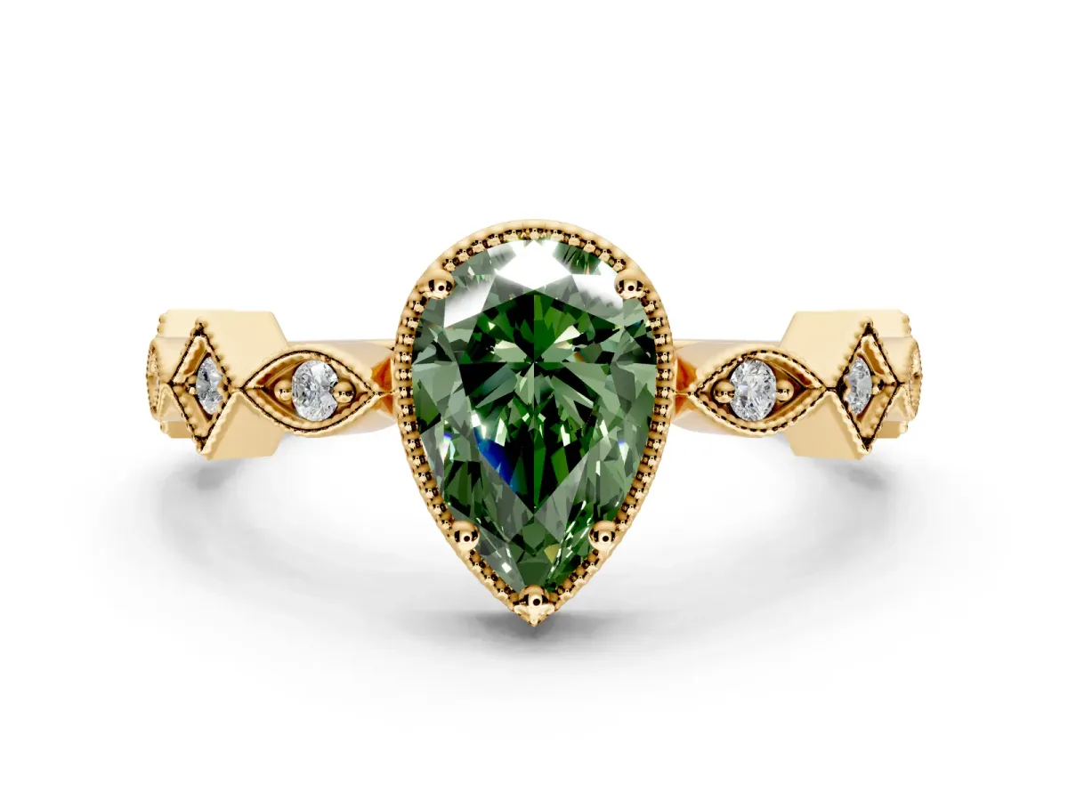 Milgrain Bezel Engagement Ring Setting for Fancy Green Pear-Shaped Center with Marquise Stations and Bezel Head in Yellow Gold