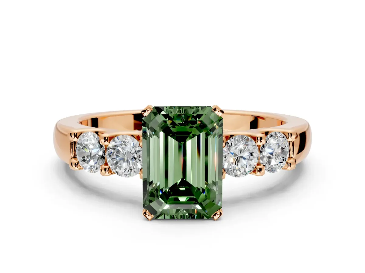 5 Stone Engagement Ring Setting for Fancy Green Emerald Cut Center with Plain Band and Prong Head in Rose Gold