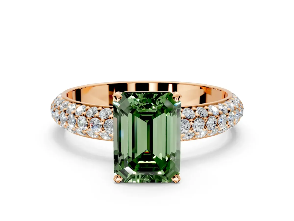 Solitaire Engagement Ring Setting for Fancy Green Emerald Cut Center with Domed Multi-Row Pave Band and Prong Head in Rose Gold