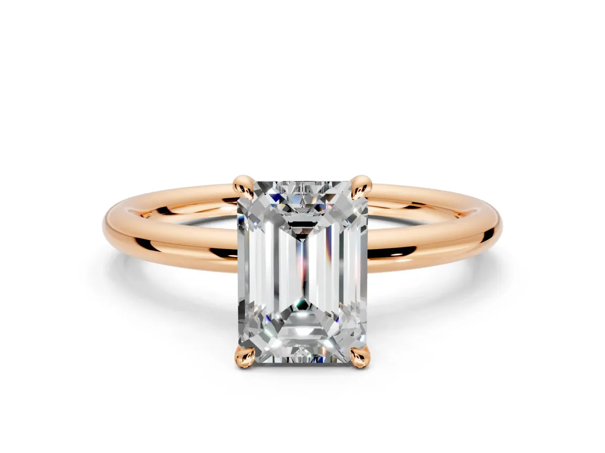 Hidden Halo Engagement Ring Setting for Emerald Cut Center with Thin Rounded Band and Prong Head in Rose Gold