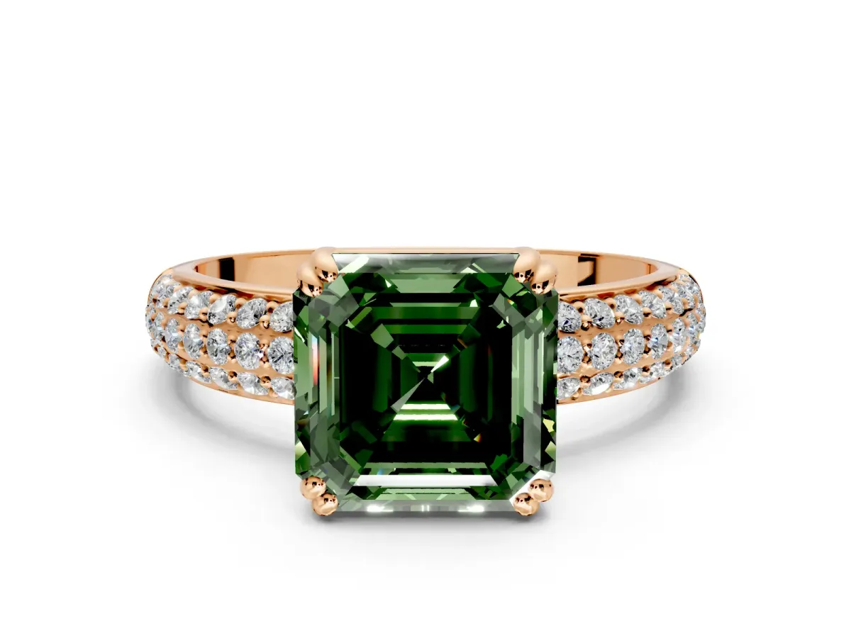 Solitaire Engagement Ring Setting for Fancy Green Asscher Cut Center with Multi-Row Pave Accents and Basket Head in Rose Gold