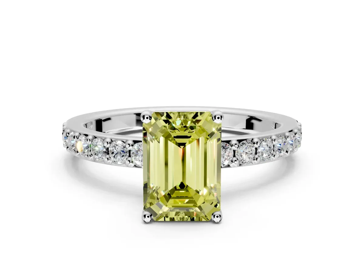 Solitaire Engagement Ring Setting for Fancy Yellow Emerald Cut Center with Round Cut Pave Band and Prong Head in Platinum