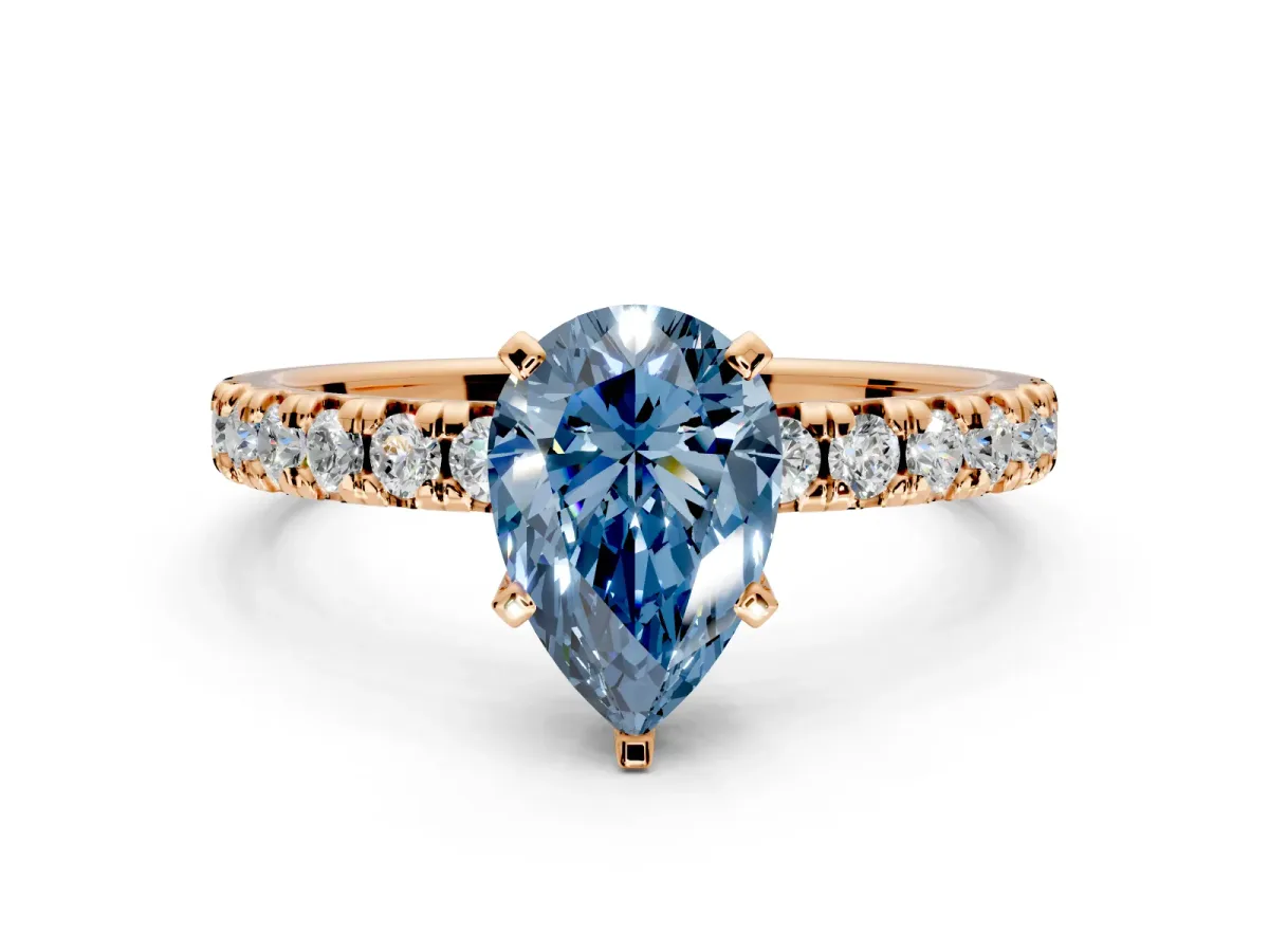 Solitaire Engagement Ring Setting for Fancy Blue Pear-Shaped Center with Large Accents and Prong Head in Rose Gold