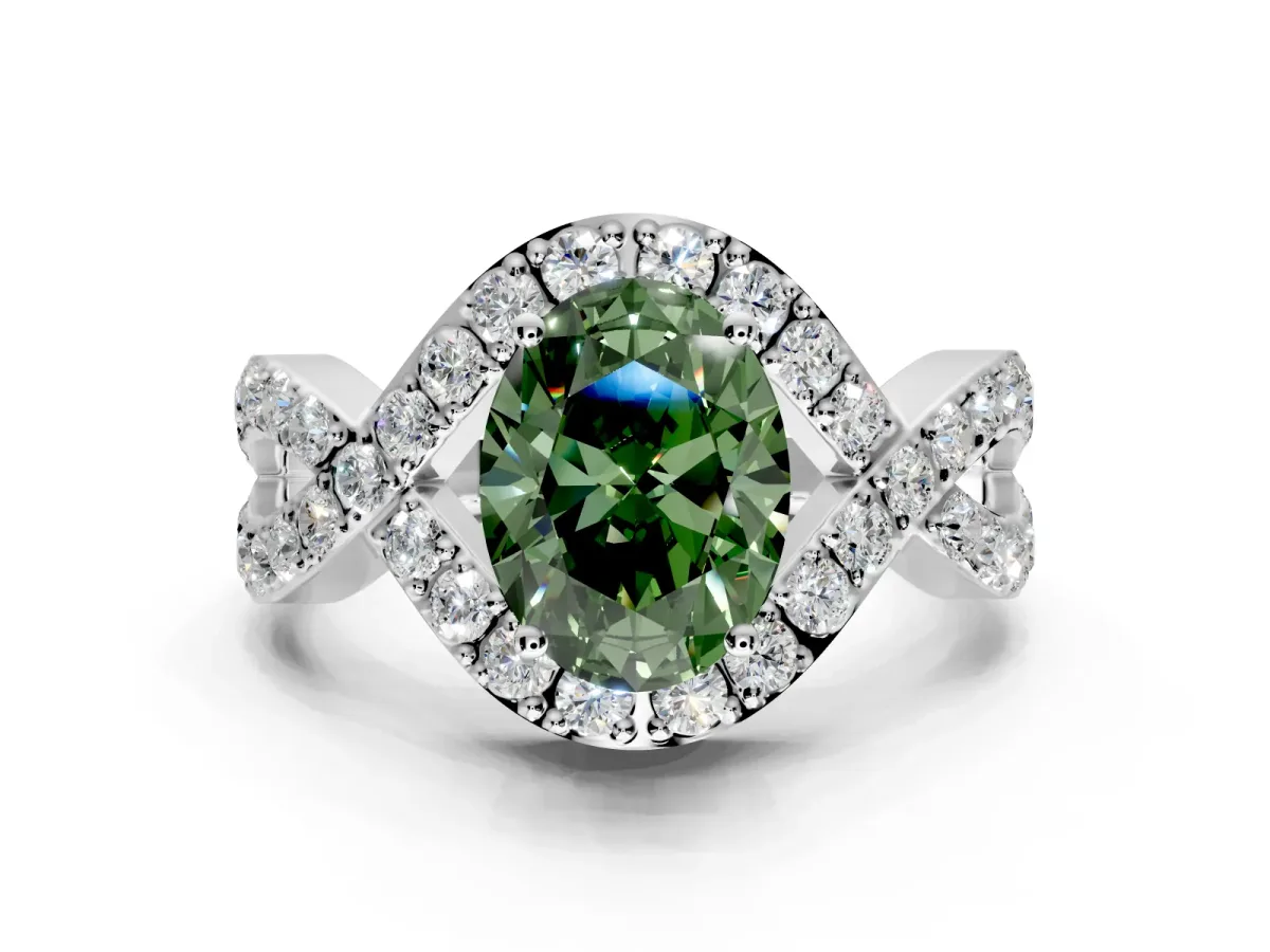 Halo Engagement Ring Setting for Fancy Green Oval Center with Pave Infinity Twist Band and Prong Head in Platinum