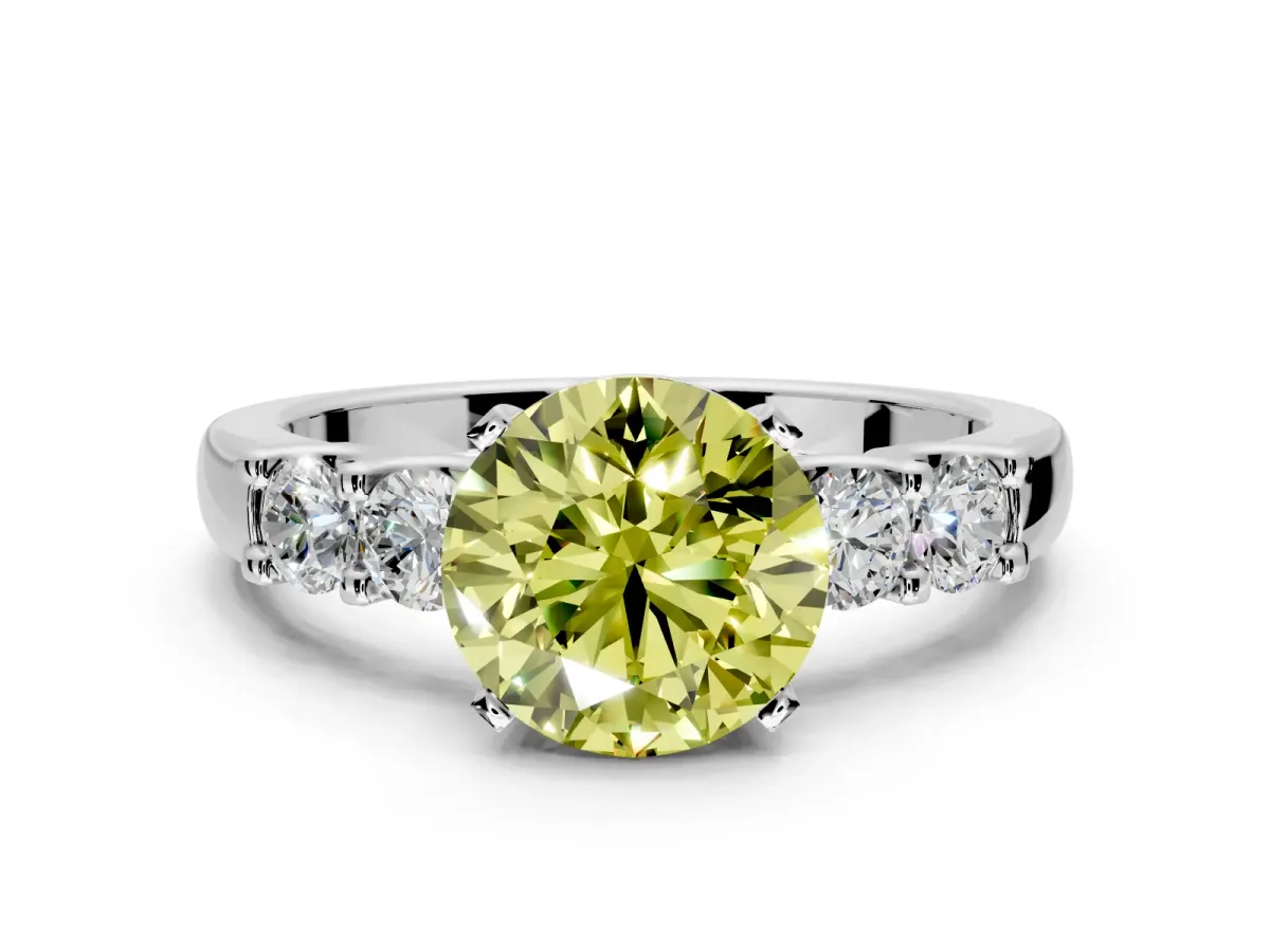5 Stone Engagement Ring Setting for Fancy Yellow Round Cut Center with Plain Band and Prong Head in Sterling Silver