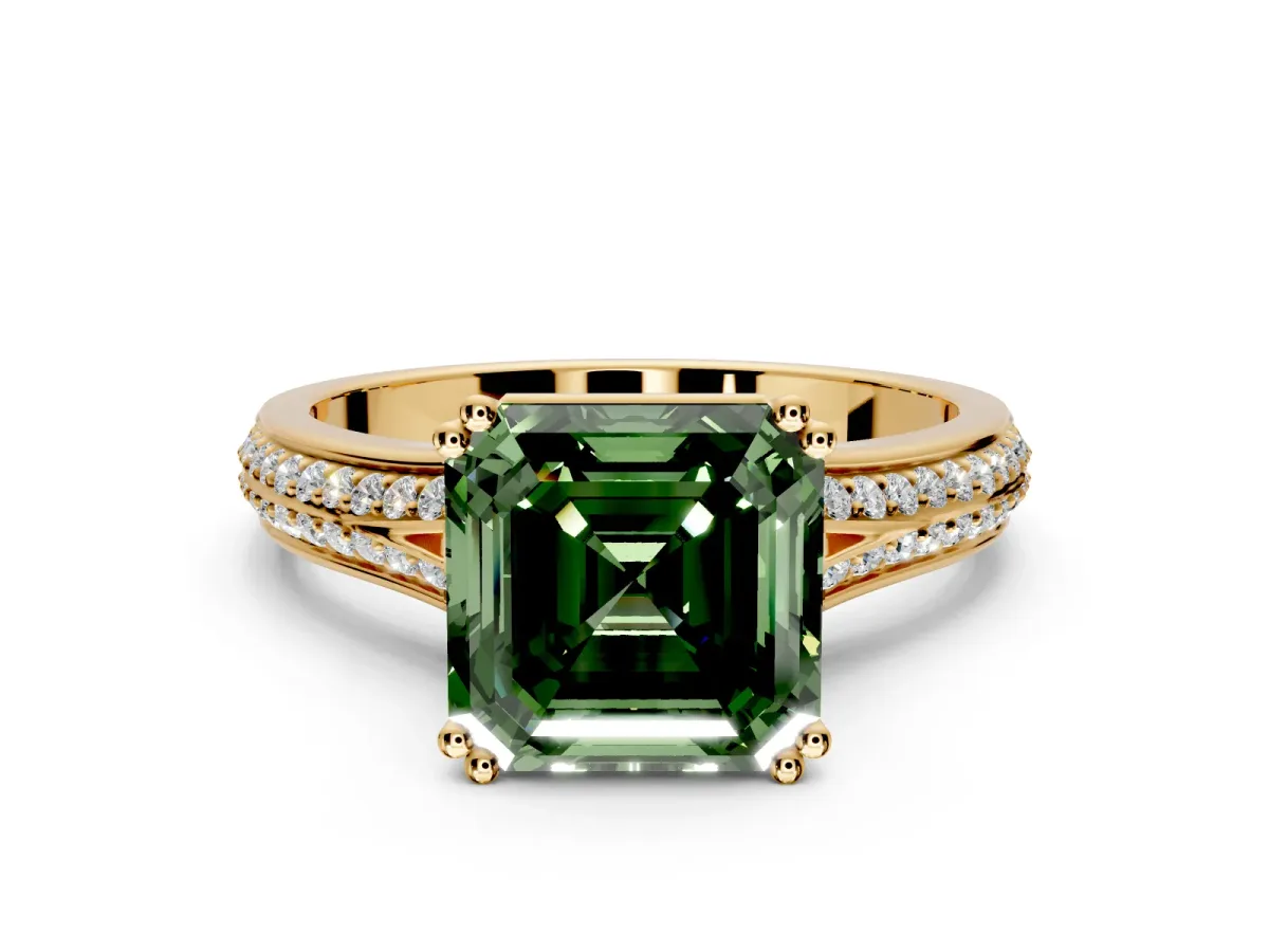 Solitaire Engagement Ring Setting for Fancy Green Asscher Cut Center with Pave Rail Split Shank and Prong Head in Yellow Gold