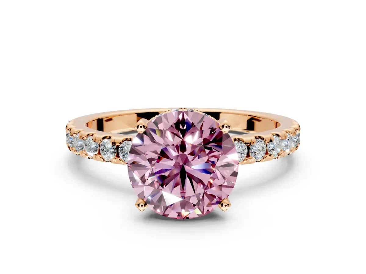 Solitaire Engagement Ring Setting for Fancy Pink Round Cut Center with Band of Accents and Prong Head in Rose Gold