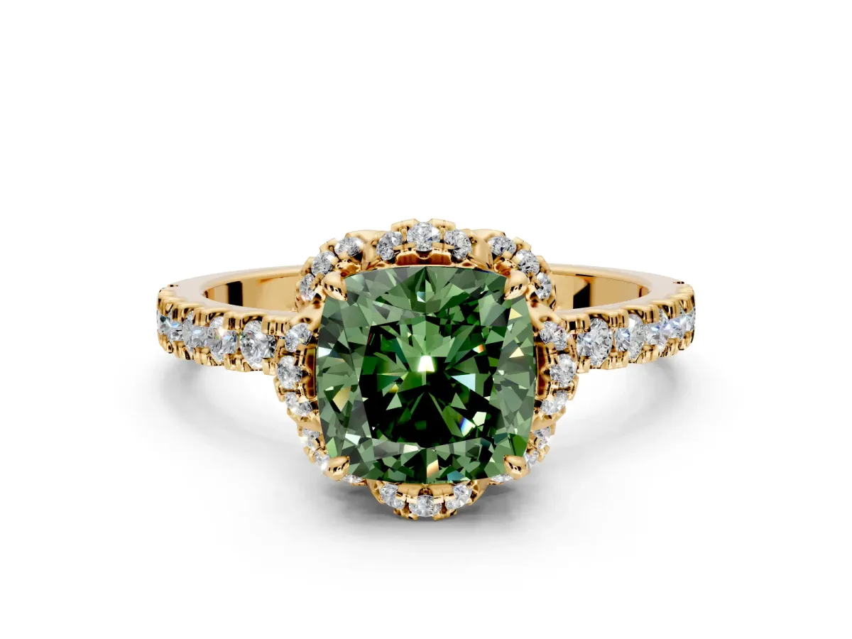 Halo Engagement Ring Setting for Fancy Green Cushion Cut Center with Openwork Halo, Pave Band and Prong Head in Yellow Gold