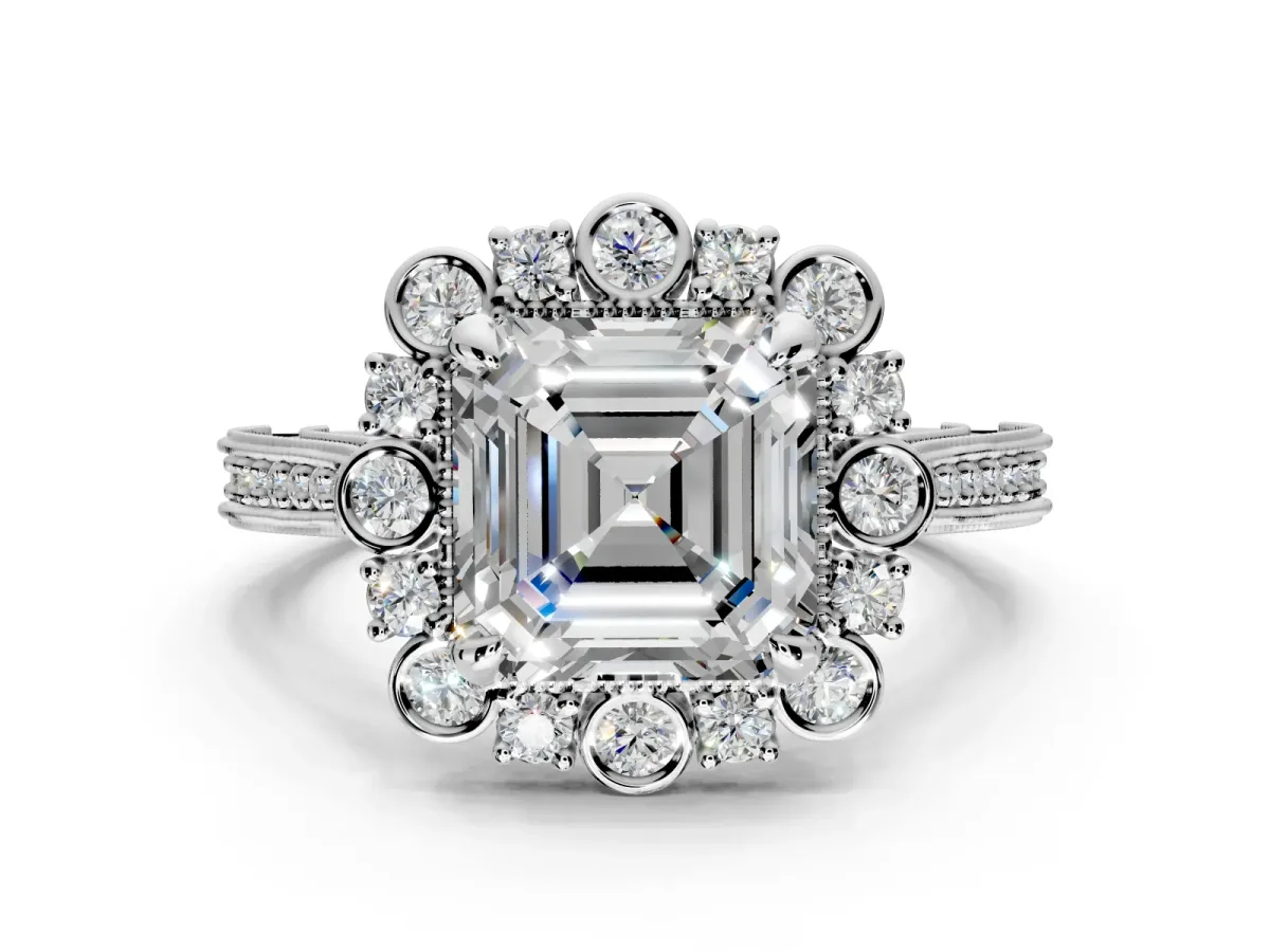 Milgrain Halo Engagement Ring Setting for Asscher Cut Center with Bezel Point Accents and Prong Head in Platinum