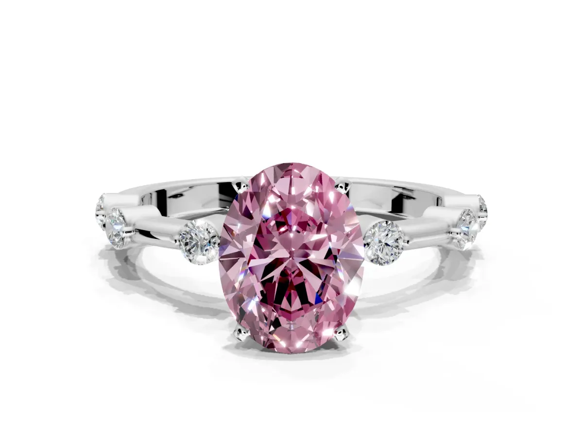 Solitaire Engagement Ring Setting for Fancy Pink Oval Center with Bezel Station Band and Prong Head in Sterling Silver