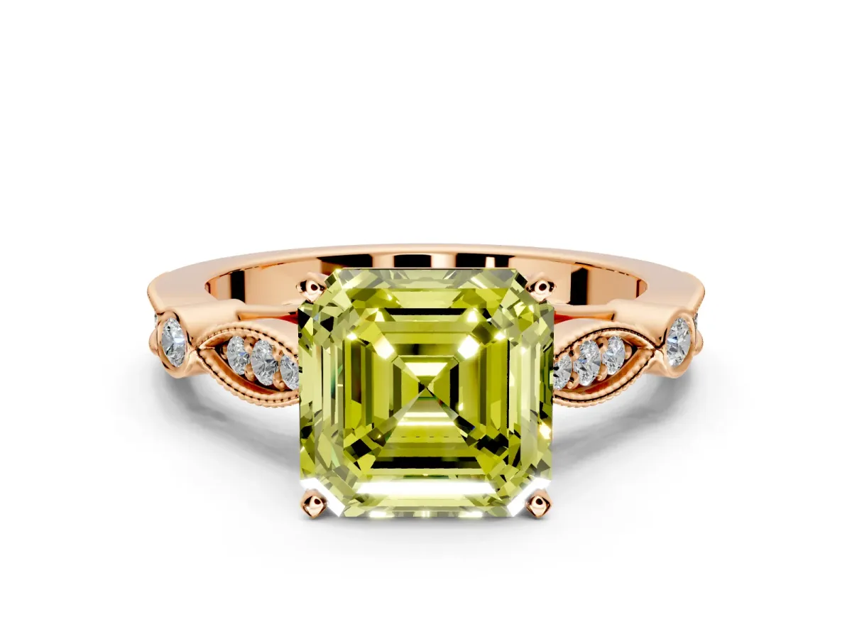 Solitaire Engagement Ring Setting for Fancy Yellow Asscher Cut Center with Marquise and Bezel Accents and Prong Head in Rose Gold
