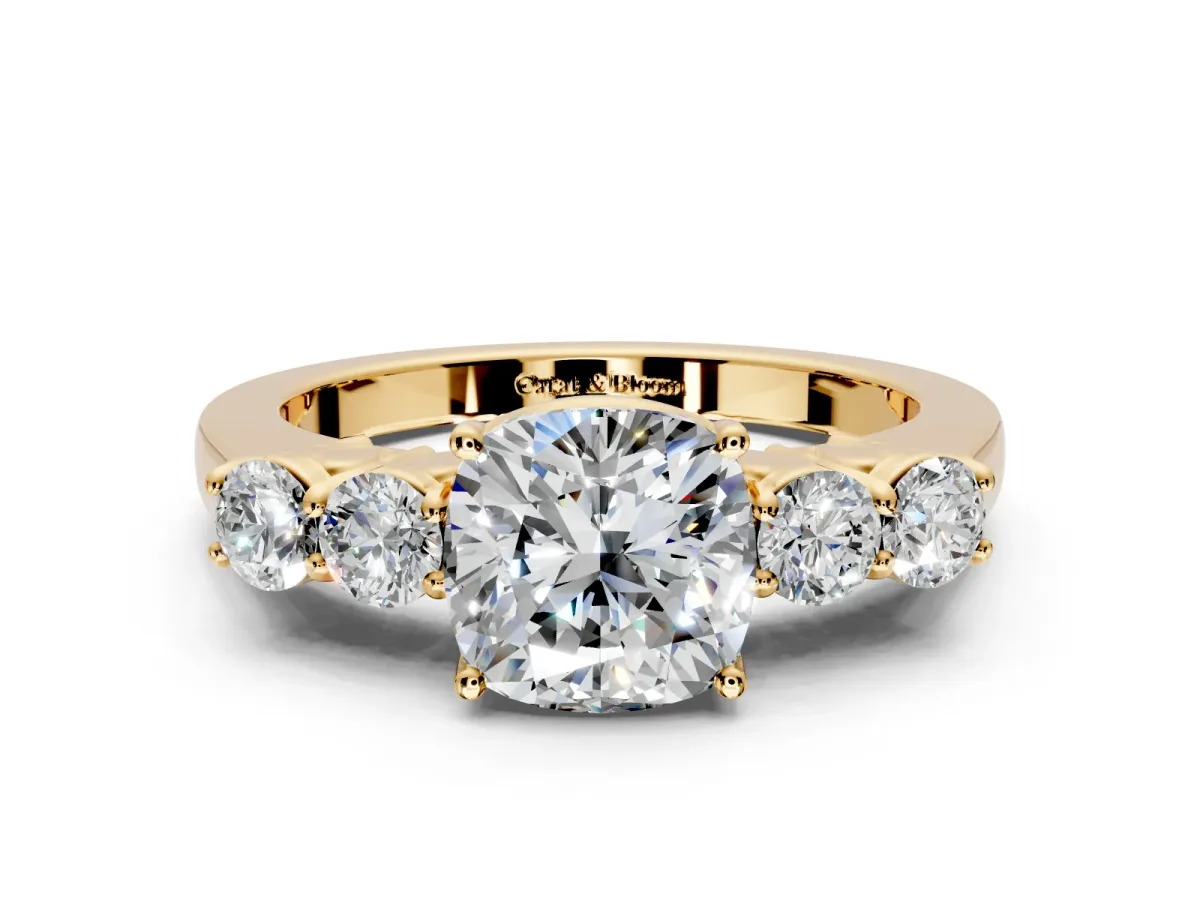 5 Stone Engagement Ring Setting for Cushion Cut Center with Equal Close-Set Accents and Prong Head in Yellow Gold