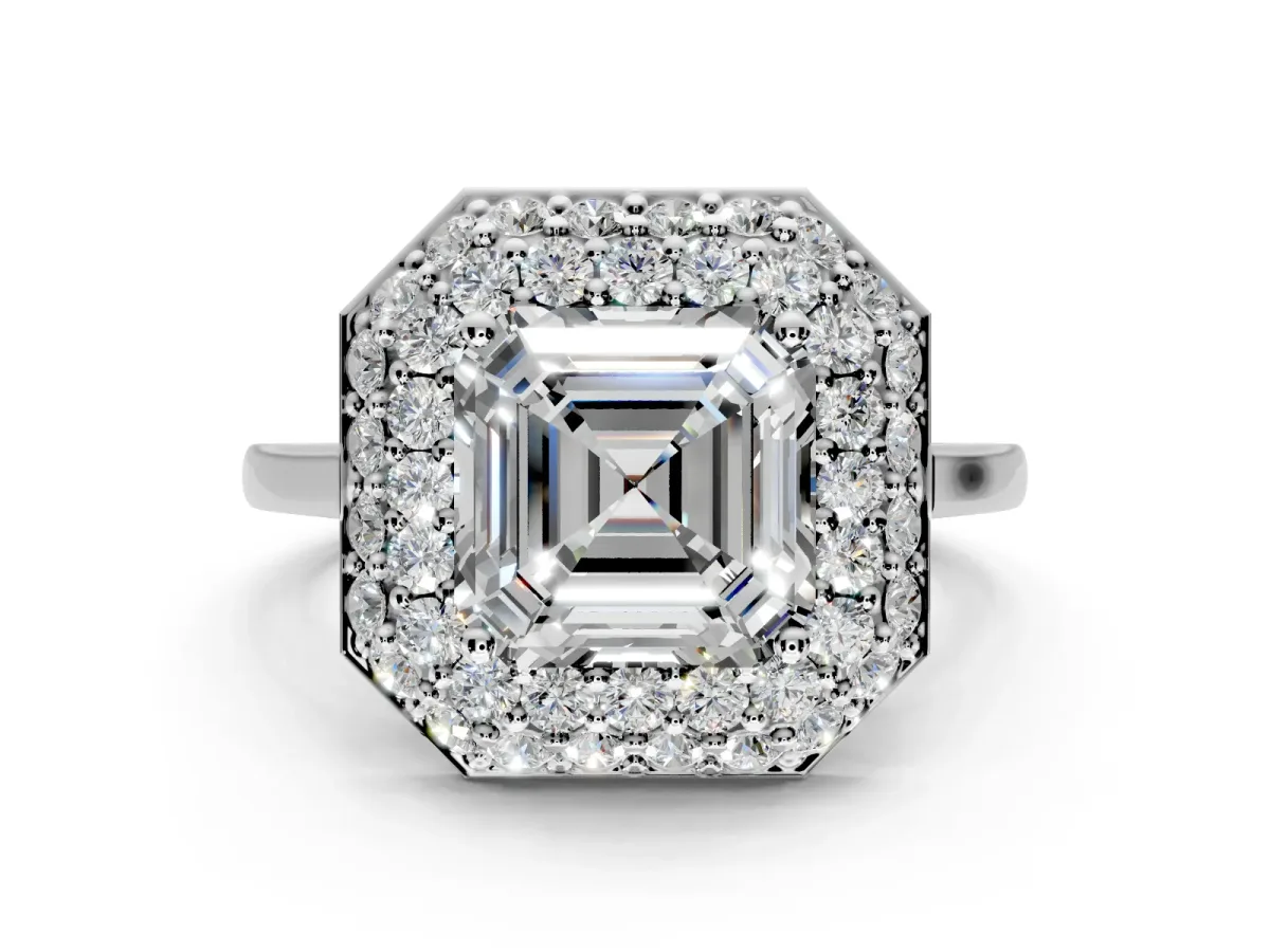 Halo Engagement Ring Setting for Asscher Cut Center with Plain Tapered Band and Prong Head in Platinum
