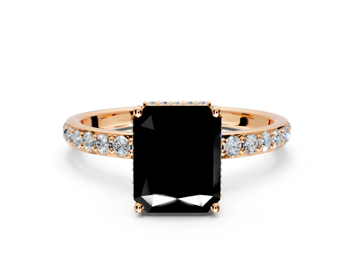 Hidden Halo Engagement Ring Setting for Fancy Black Radiant Cut Center with Pave Band and Prong Head in Rose Gold