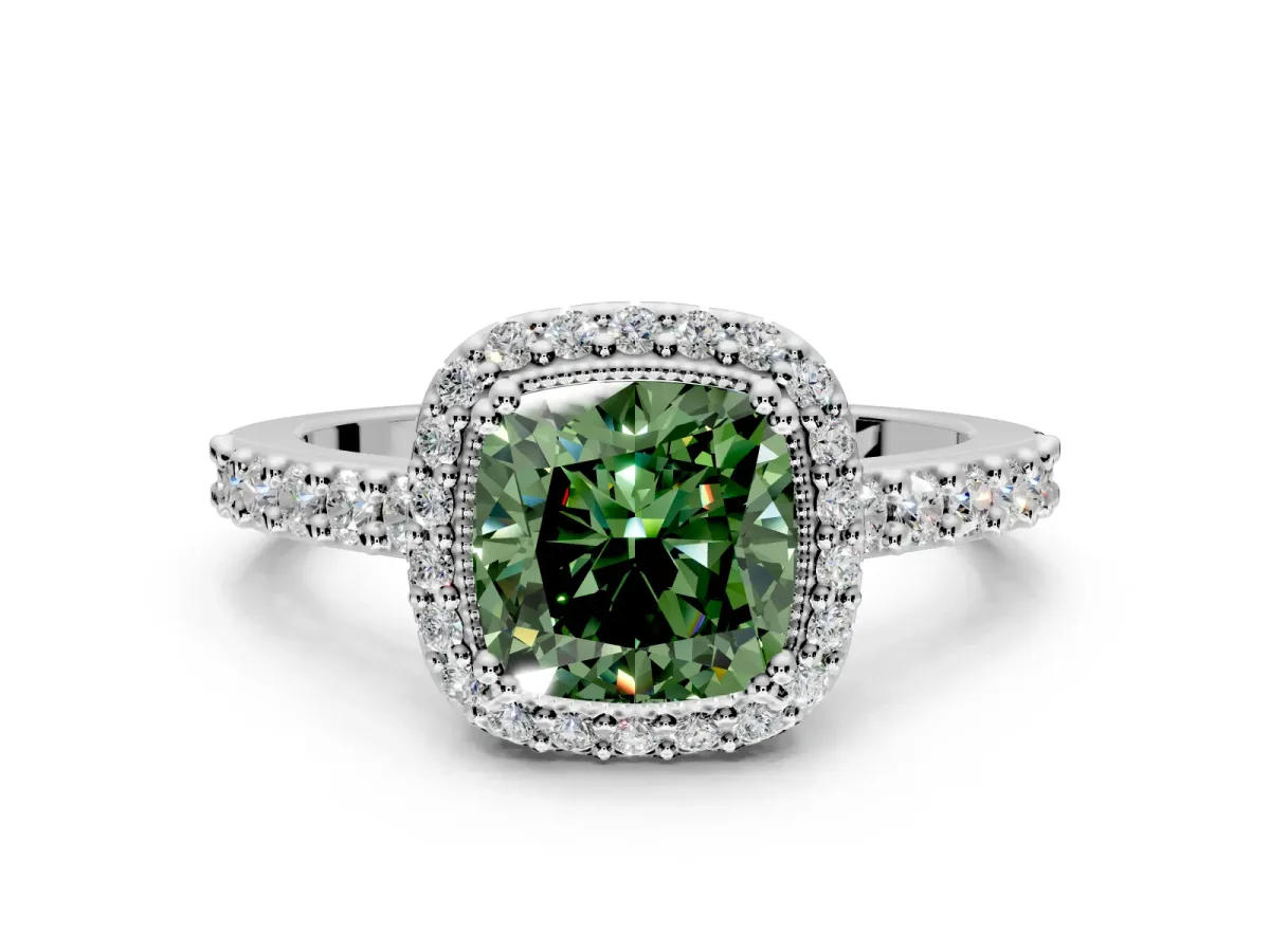 Halo Engagement Ring Setting for Fancy Green Cushion Cut Center with Inner Milgrain Border and Prong Head in White Gold