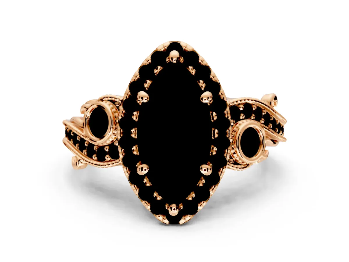 Milgrain Halo Engagement Ring Setting for Fancy Blue Marquise Center with Shoulder Bezels and Prong Head in Rose Gold