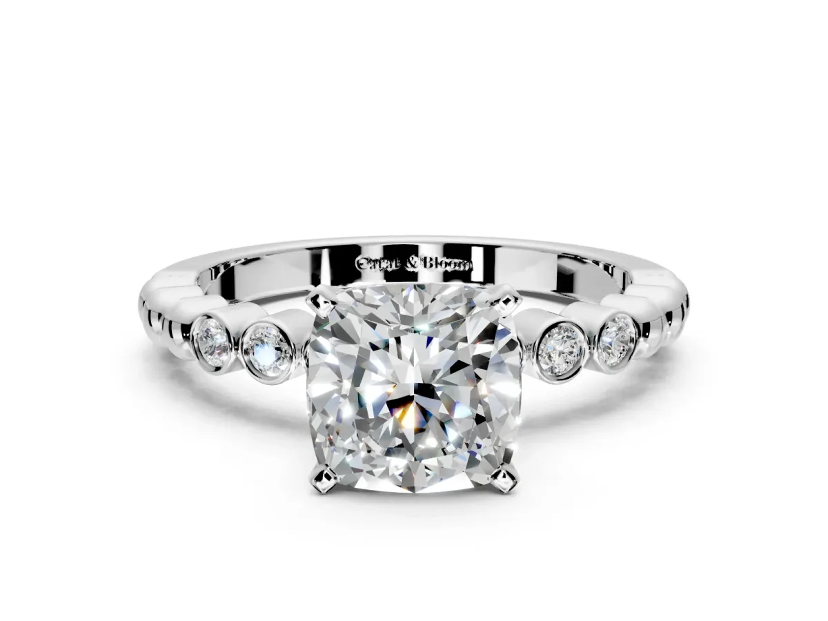 Solitaire Engagement Ring Setting for Cushion Cut Center with Bezel-Dot Beaded Band and Prong Head in Sterling Silver