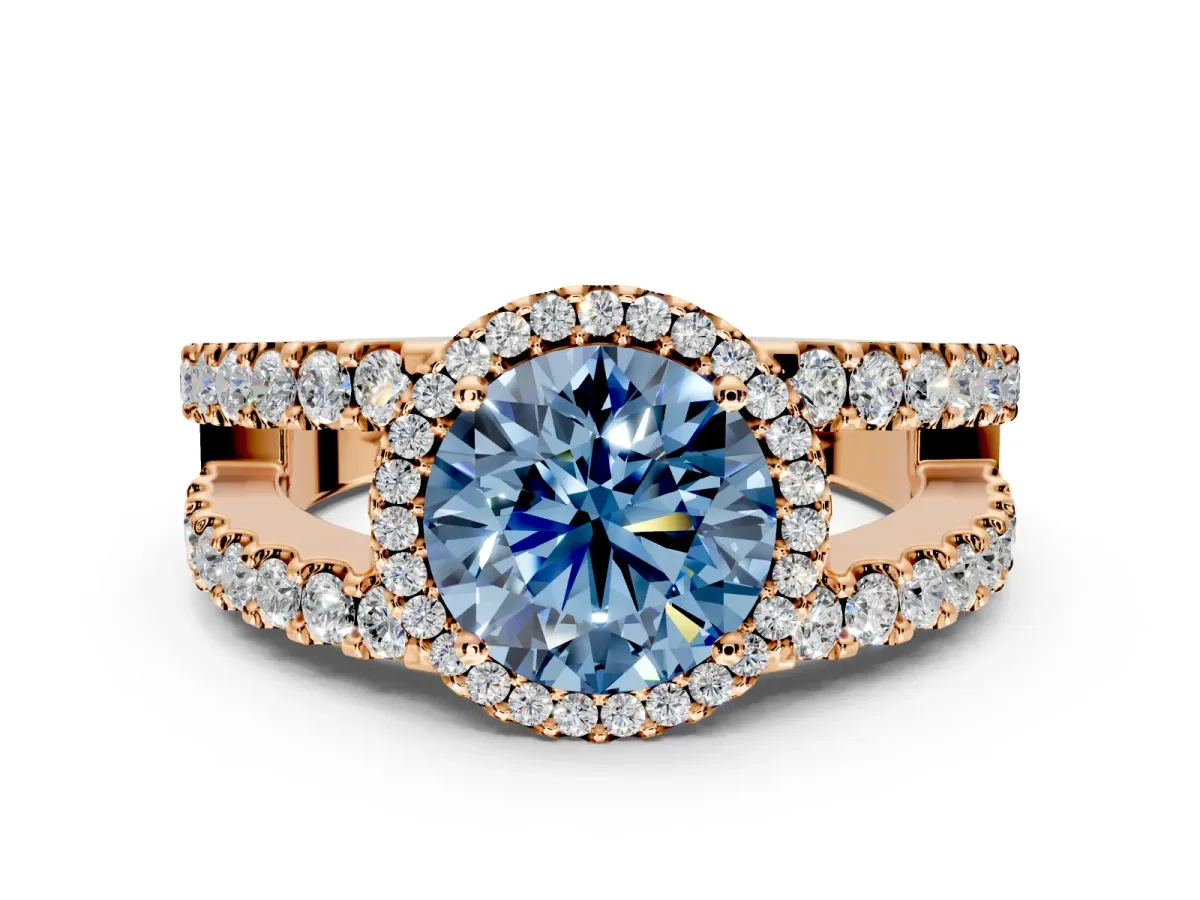 Halo Engagement Ring Setting for Fancy Blue Round Cut Center with Wide-Open Pave Split Shank and Prong Head in Rose Gold