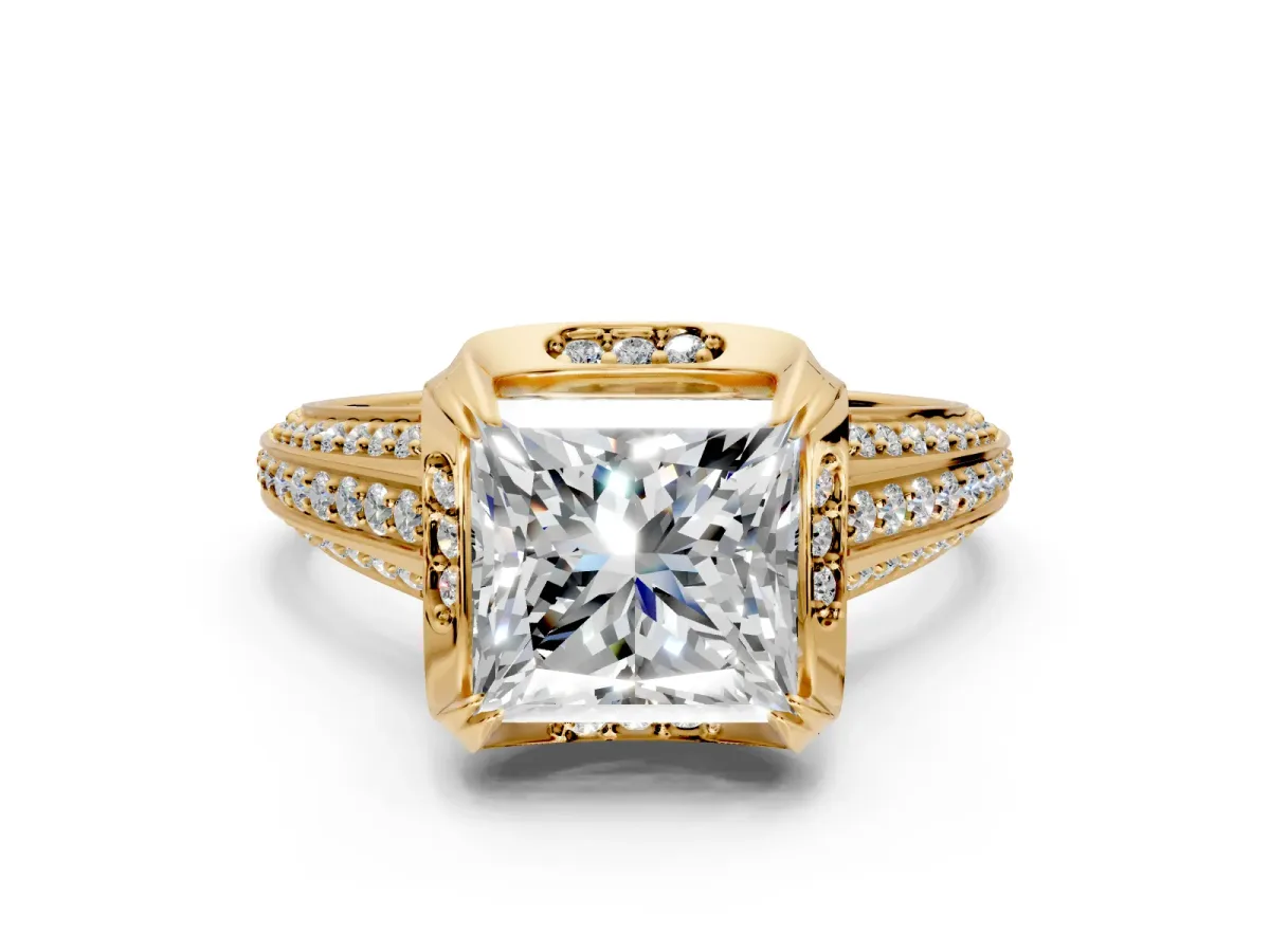Solitaire Engagement Ring Setting for Princess Cut Center with Accented Split Shank and Prong Head in Yellow Gold