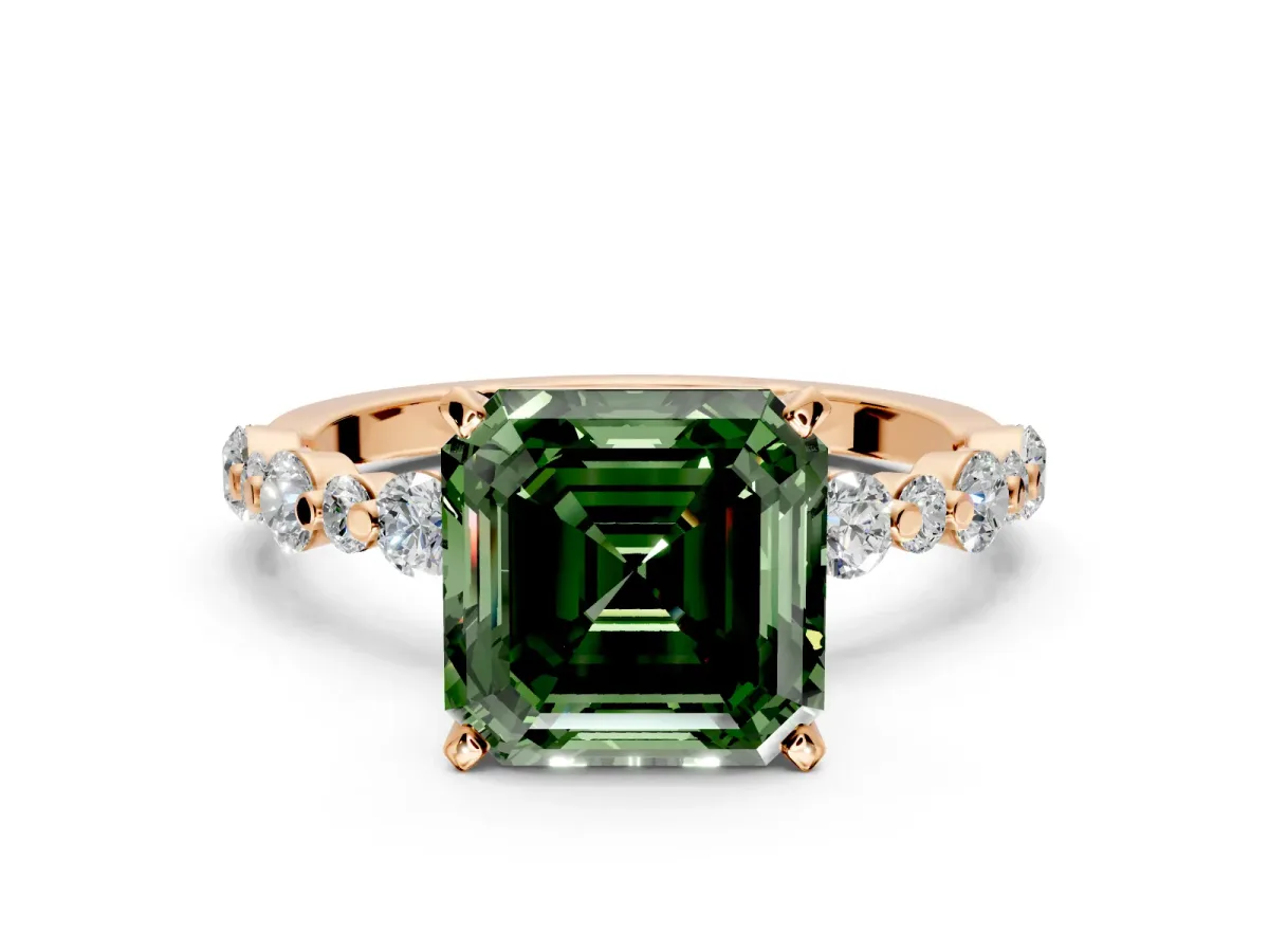 Solitaire Engagement Ring Setting for Fancy Green Asscher Cut Center with Alternating Size Accents and Prong Head in Rose Gold