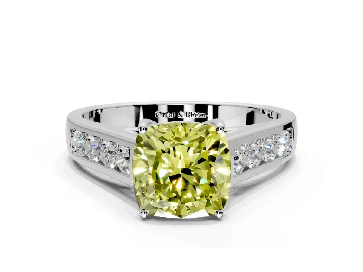 Solitaire Engagement Ring Setting for Fancy Yellow Cushion Cut Center with Round Cut Channel Band and Prong Head in Platinum