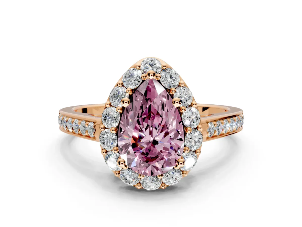 Floral Halo Engagement Ring Setting for Fancy Pink Pear-Shaped Center with Large Halo Accents and Prong Head in Rose Gold