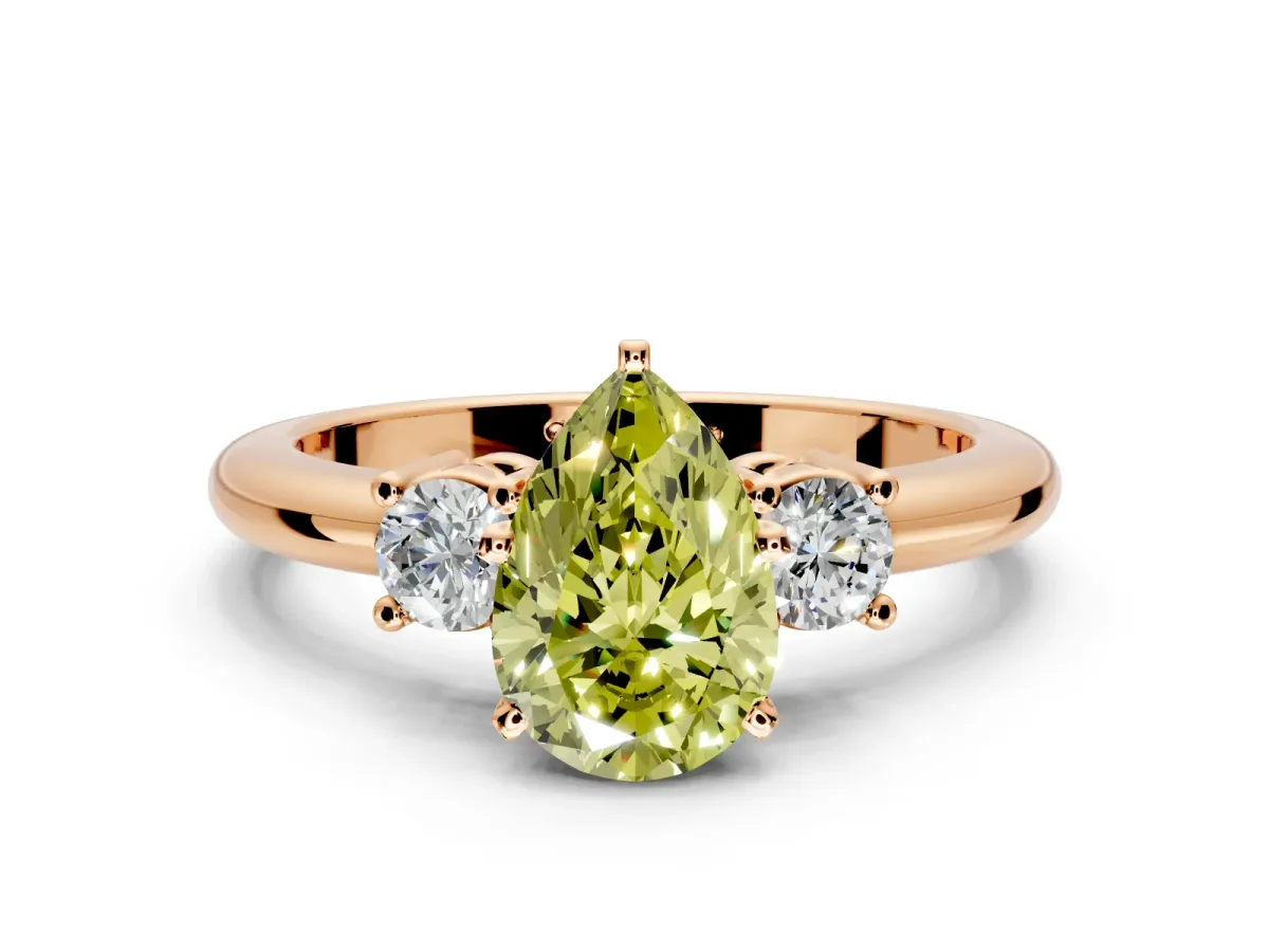 3 Stone Engagement Ring Setting for Fancy Yellow Pear-Shaped Center with Wide Plain Band and Prong Head in Rose Gold