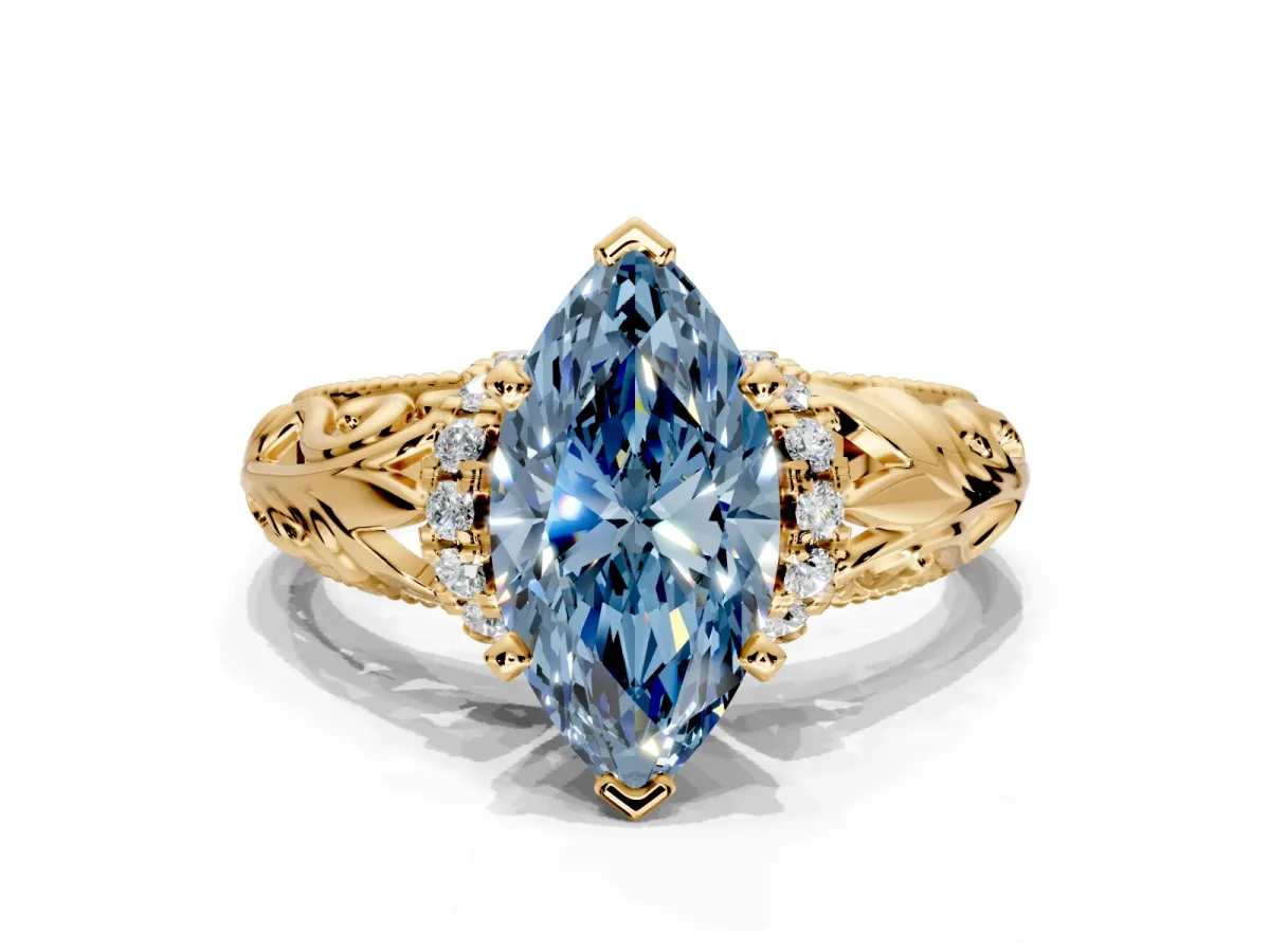 Solitaire Engagement Ring Setting for Fancy Blue Marquise Center with Filigree Accent Basket and Prong Head in Yellow Gold