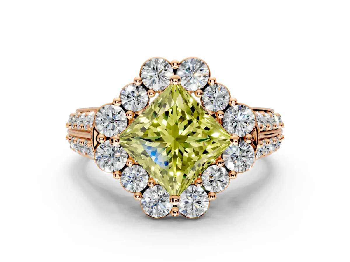 Large Accent Halo Engagement Ring Setting for Fancy Yellow Princess Cut Center with Pave Split Shank and Prong Head in Rose Gold