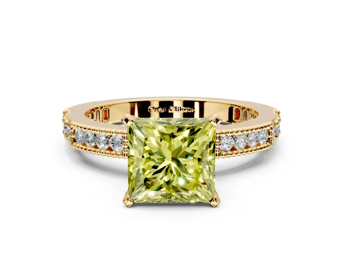 Solitaire Engagement Ring Setting for Fancy Yellow Princess Cut Center with Milgrain-Edged Pave Band and Prong Head in Yellow Gold