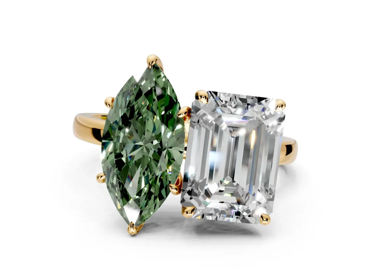 Fancy Green Marquise and Emerald Cut Lab-Grown Diamond Toi et Moi Engagement Ring with Prong-Set Stones in Yellow Gold