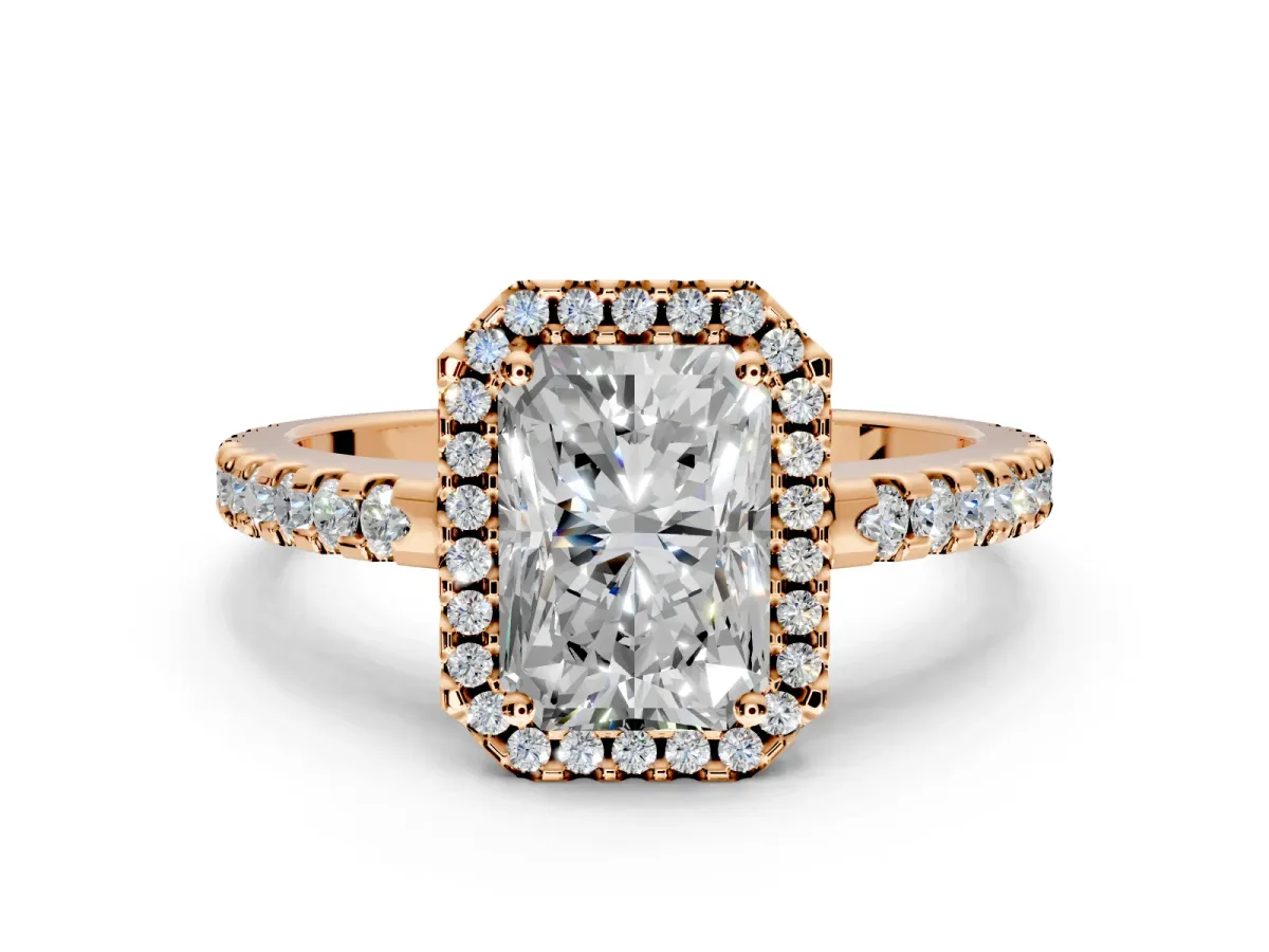 Accent Halo Engagement Ring Setting for Radiant Cut Center with Full-Length Pave Band and Prong Head in Rose Gold