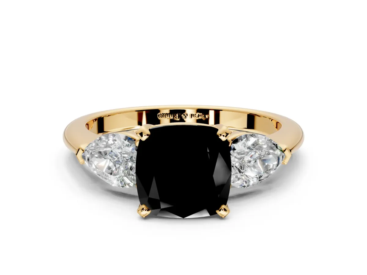 3 Stone Engagement Ring Setting for Fancy Black Cushion Cut Center with Large Pear-Shaped Accents and Prong Head in Yellow Gold