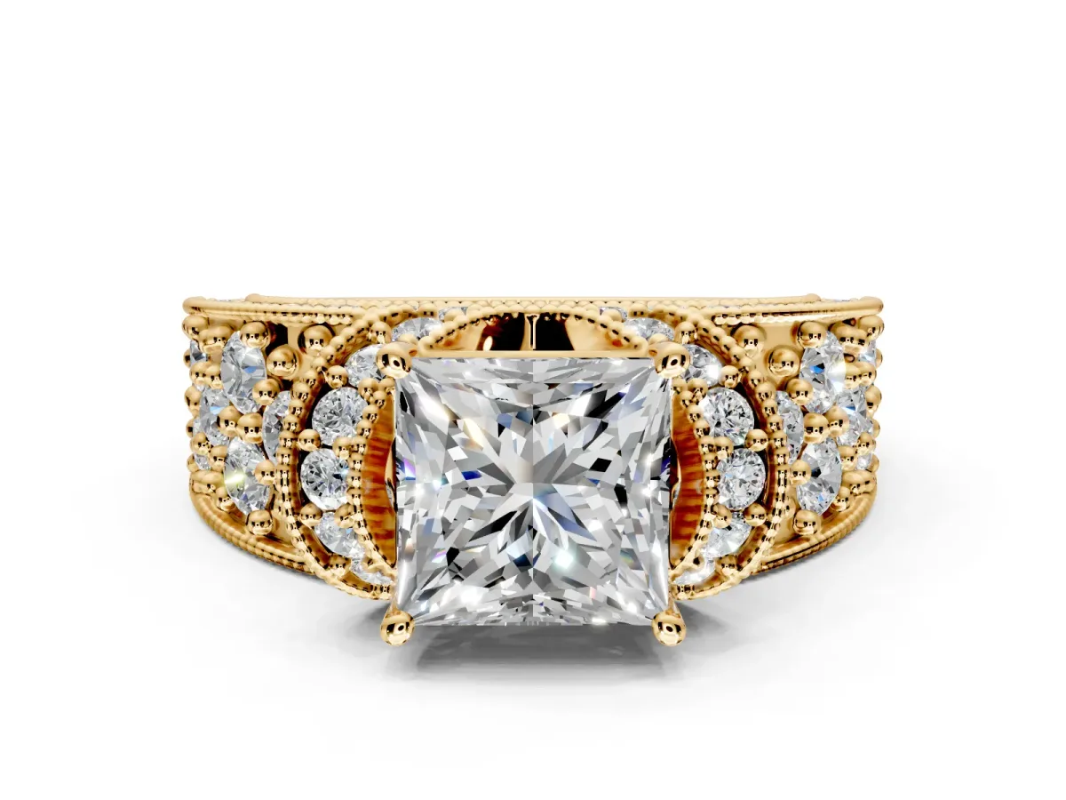 Pave Engagement Ring Setting for Princess Cut Center with Curved Accent Rows, Openwork and Prong Head in Yellow Gold