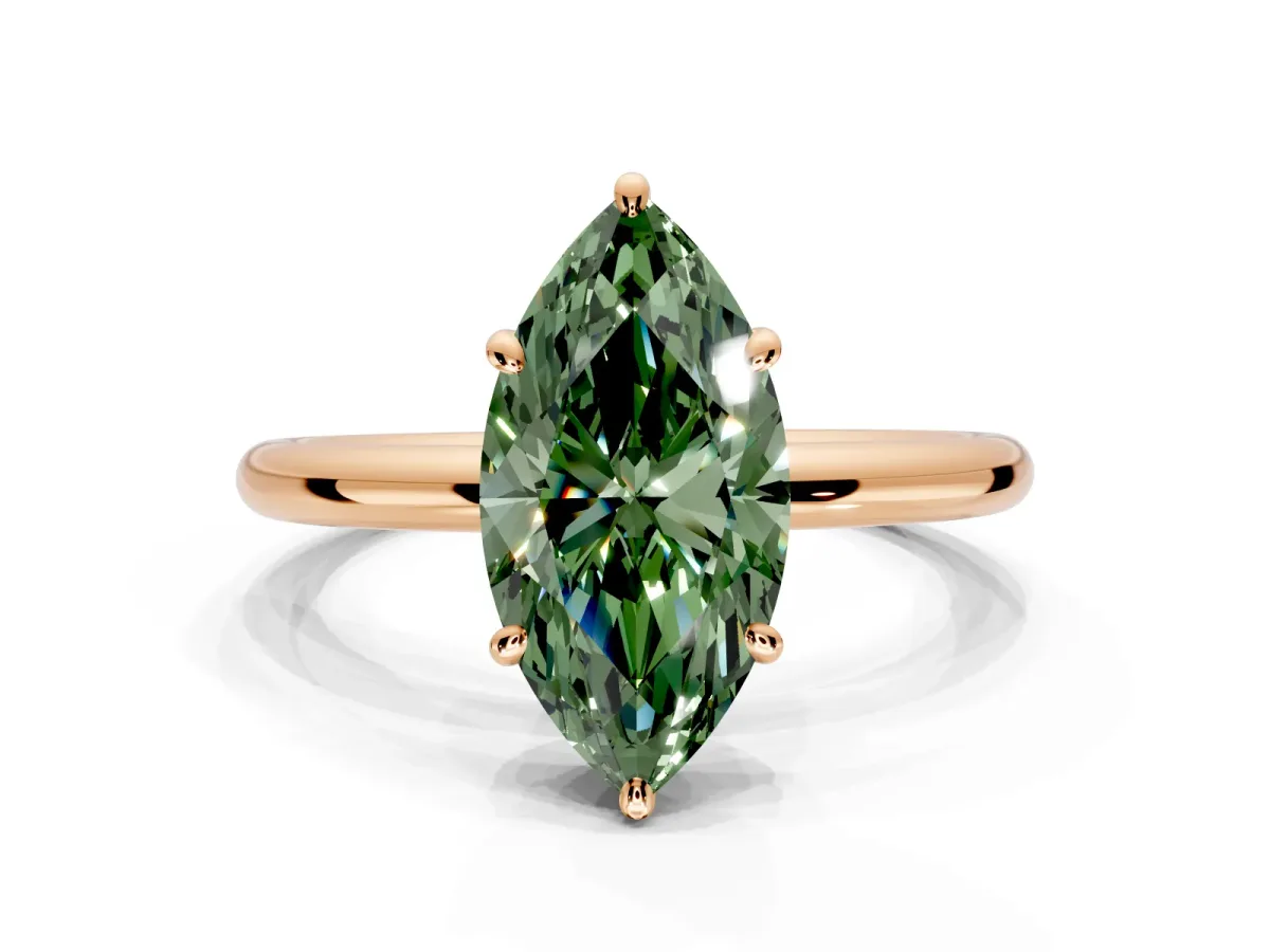 Low-Set Solitaire Engagement Ring Setting for Fancy Green Marquise Center with Thin Plain Band and Prong Head in Rose Gold