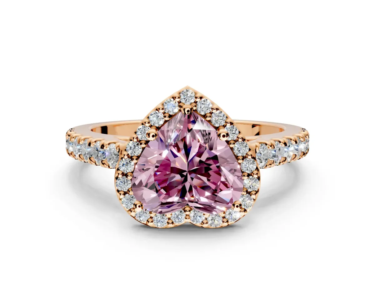 Halo Engagement Ring Setting for Fancy Pink Heart-Shaped Center with Full Pave Band and Prong Head in Rose Gold