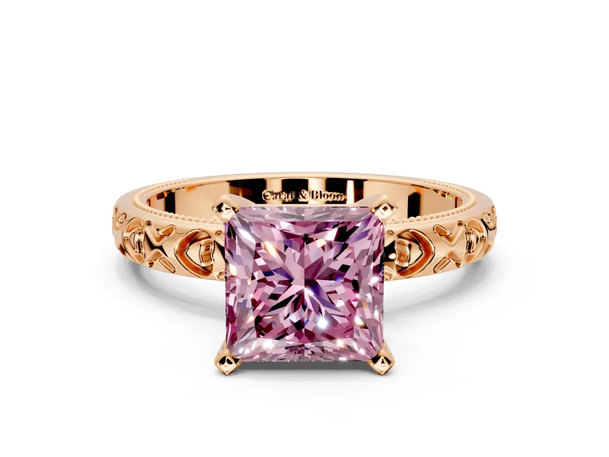 Solitaire Engagement Ring Setting for Fancy Pink Princess Cut Center with XO Engraved Band and Prong Head in Rose Gold