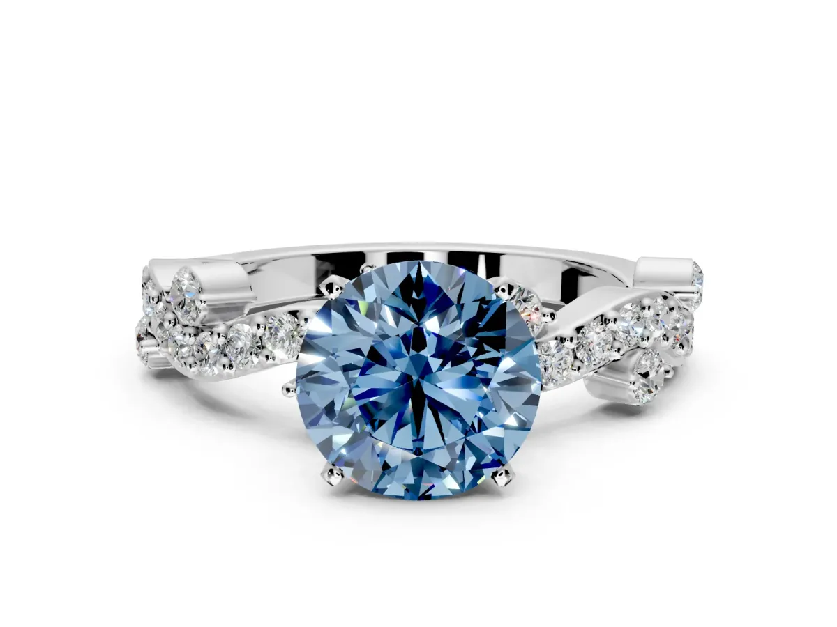 Solitaire Engagement Ring Setting for Fancy Blue Round Cut Center with Bar-Station Pave Twist and Prong Head in Sterling Silver