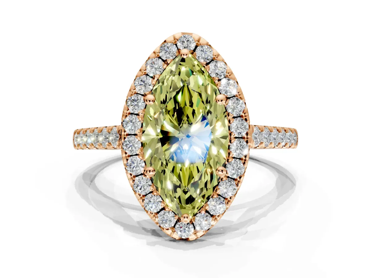 Halo Engagement Ring Setting for Fancy Yellow Marquise Center with Narrowing Pave Band and Prong Head in Rose Gold