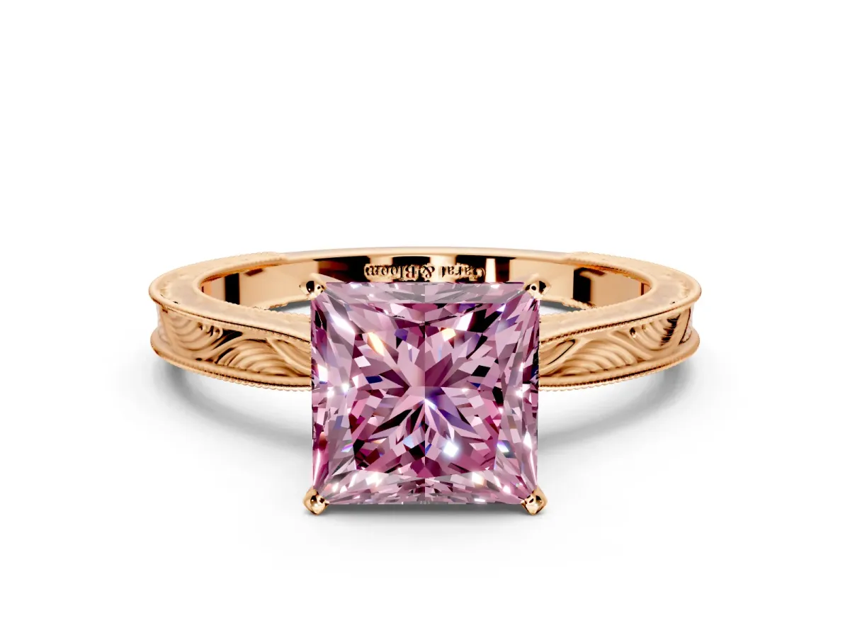 Solitaire Engagement Ring Setting for Fancy Pink Princess Cut Center with Engraved Milgrain Band and Prong Head in Rose Gold