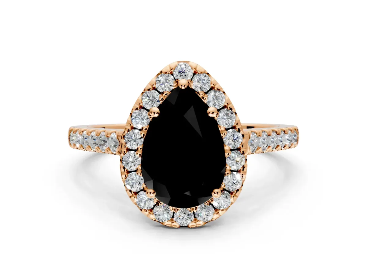 Halo Engagement Ring Setting for Fancy Black Pear-Shaped Center with Narrowing Pave Band and Prong Head in Rose Gold