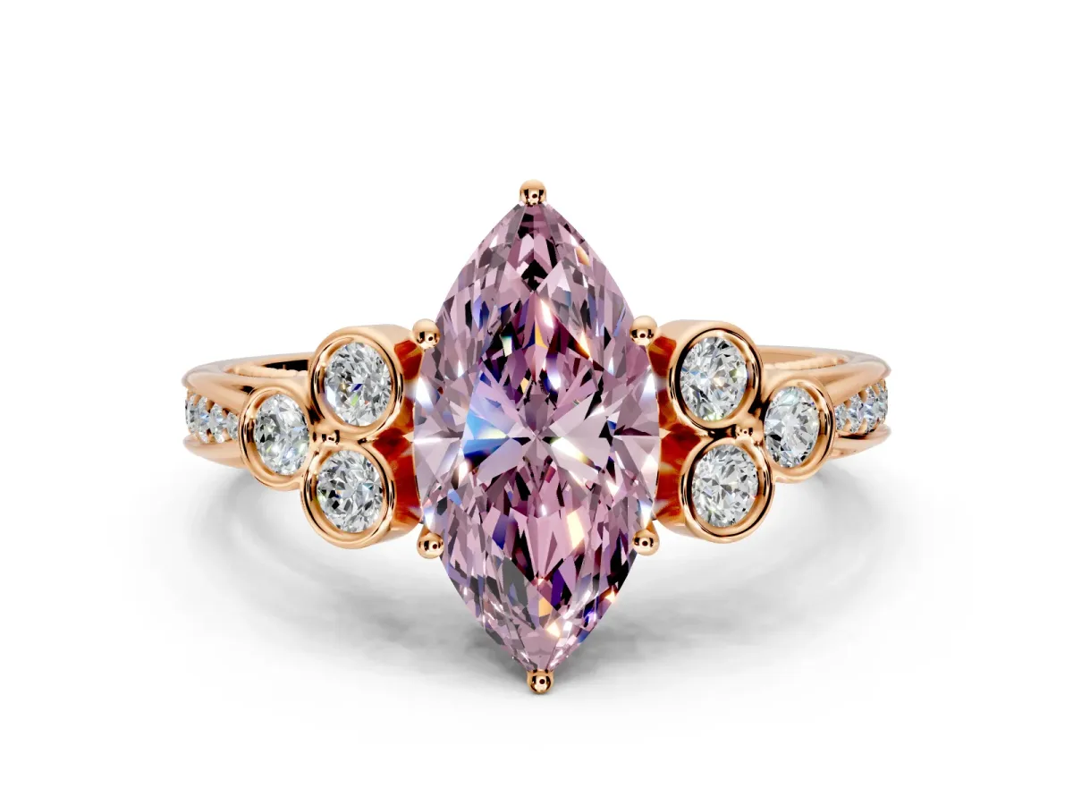 Cluster Engagement Ring Setting for Fancy Pink Marquise Center with Bezel Accent Clusters and Prong Head in Rose Gold