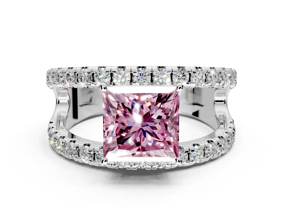 Solitaire Engagement Ring Setting for Fancy Pink Princess Cut Center with Wide-Open Split Shank and Prong Head in Platinum