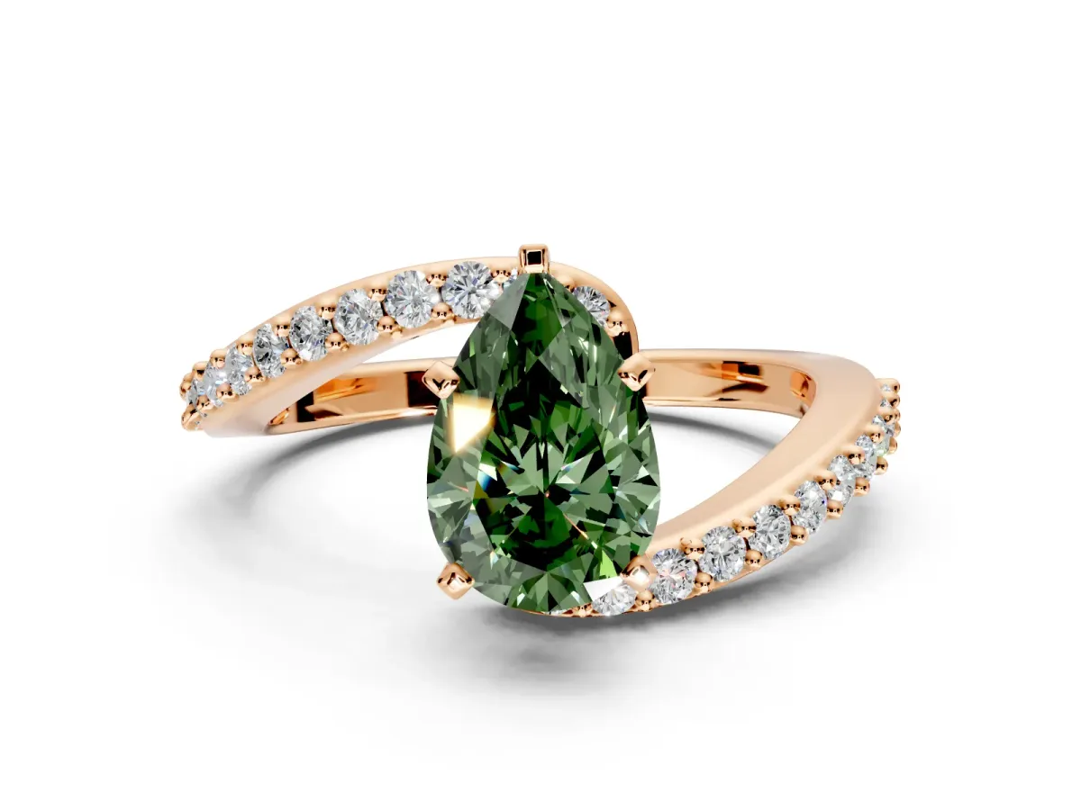 Solitaire Engagement Ring Setting for Fancy Green Pear-Shaped Center with Pave Bypass Swirl Band and Prong Head in Rose Gold