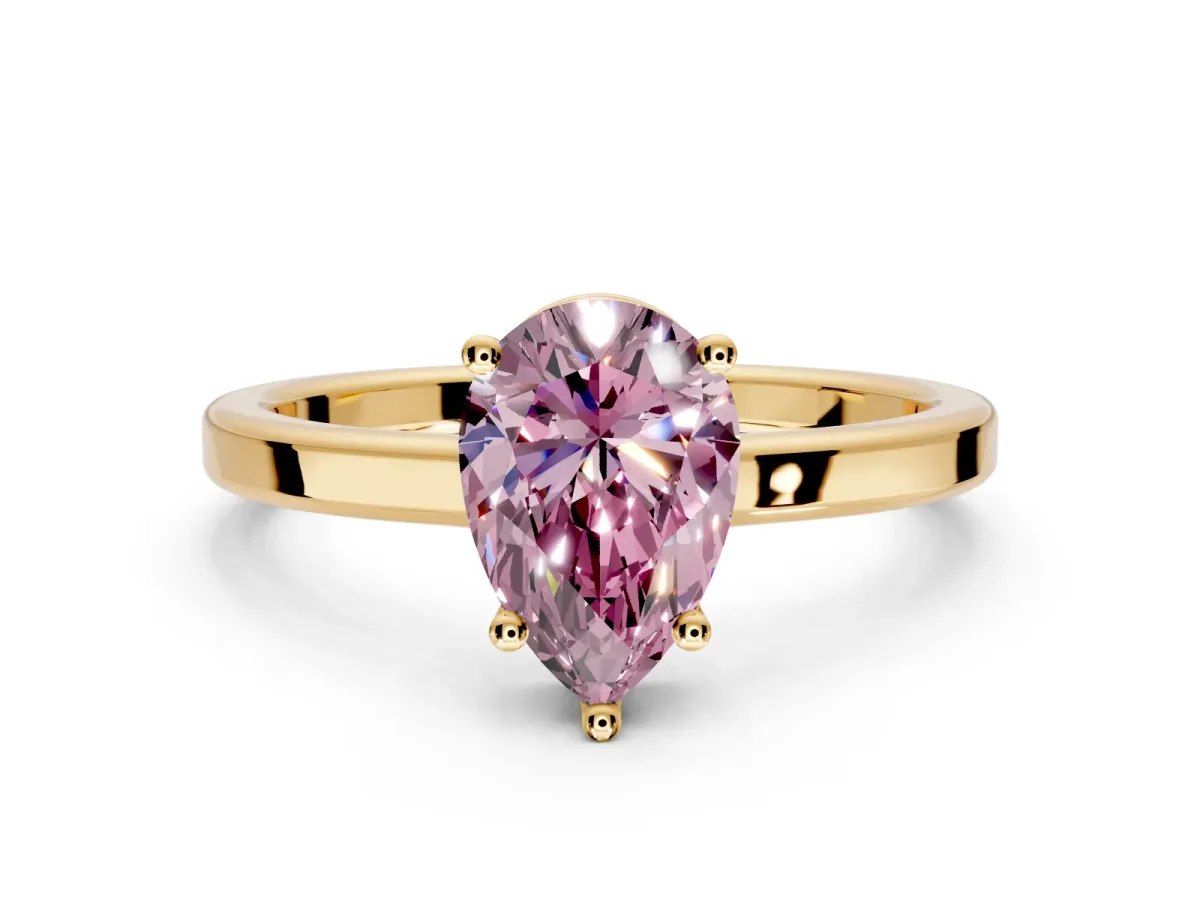 Hidden Halo Engagement Ring Setting for Fancy Pink Pear-Shaped Center with Wide Flat Plain Band and Prong Head in Yellow Gold