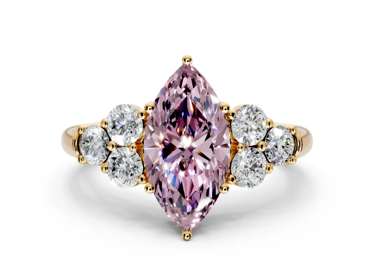 Cluster Engagement Ring Setting for Fancy Pink Marquise Center with Round Cut Accent Frame and Prong Head in Yellow Gold