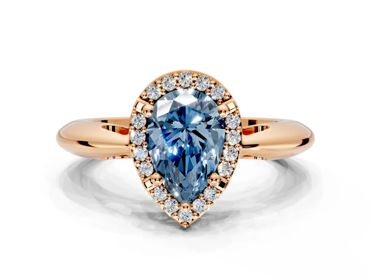 Halo Engagement Ring Setting for Fancy Blue Pear-Shaped Center with Tapered Plain Band and Prong Head in Rose Gold