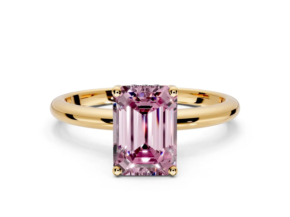Hidden Halo Engagement Ring Setting for Fancy Pink Emerald Cut Center with Thin Round-Wire Band and Prong Head in Yellow Gold