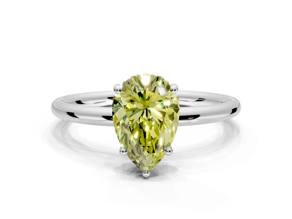Solitaire Engagement Ring Setting for Fancy Yellow Pear-Shaped Center with Plain Band, Open Basket and Prong Head in Sterling Silver