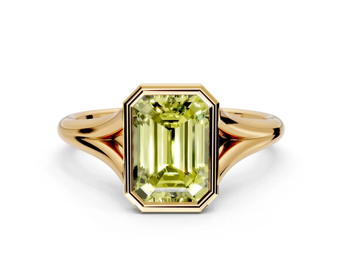 Solitaire Engagement Ring Setting for Fancy Yellow Emerald Cut Center with V Split Shank and Bezel Head in Yellow Gold